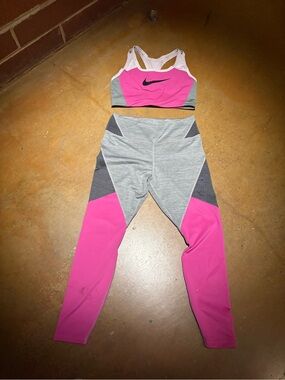 Nike Pink, Gray & White Colorblock Sports Bra and Leggings Set